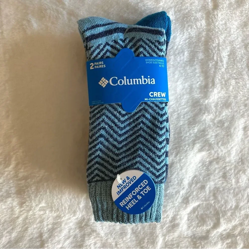 Women’s Columbia 2 Pair Crew Socks Blue Chevron NWT Recycled Cotton Cushion